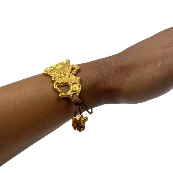 Boutique Boho Handmade Chunky Gold Foil Nugget Leather Statement Bracelet - Picture 3 of 9